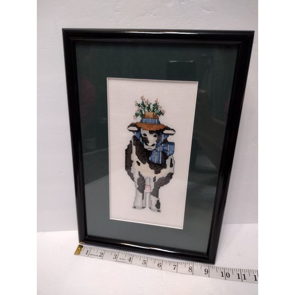 Completed Cross Stitch Cow, Vintage Framed Needlepoint, Country Farmhouse Art - Picture 6 of 7